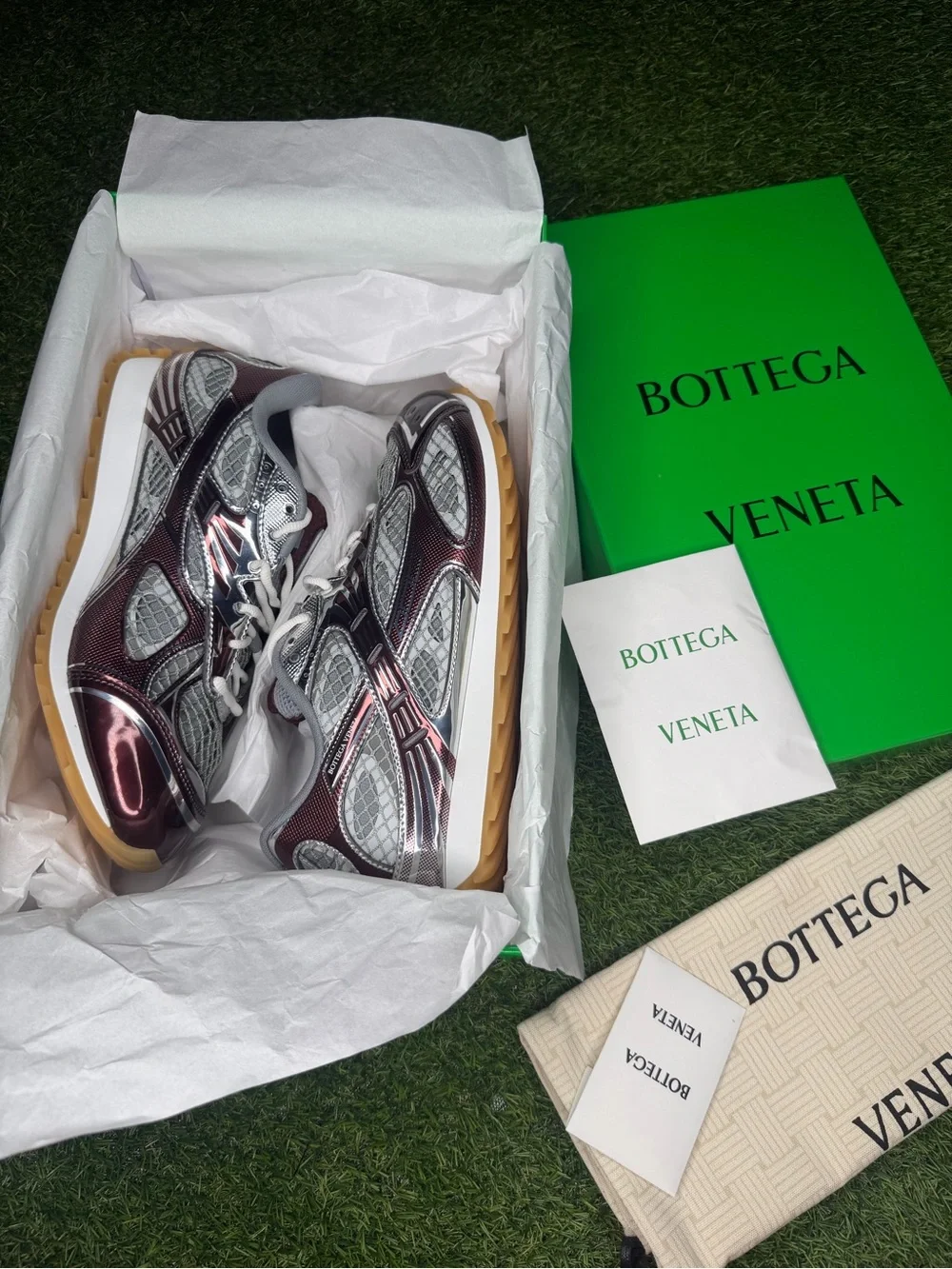Bottega Veneta Men’s Metallic Burgundy & Silver Sneakers with Gum Sole